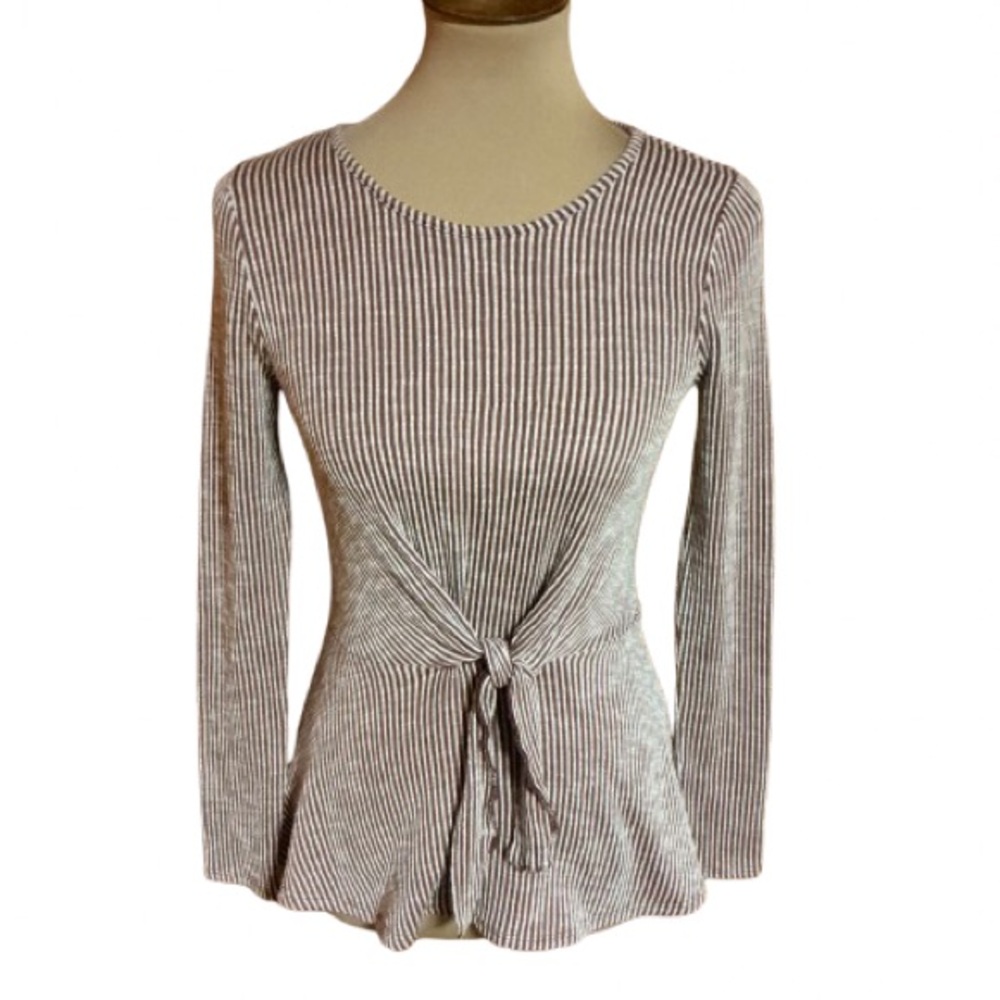 Caution to the wind striped tie waist peplum long sleeve top - Picture 2 of 10